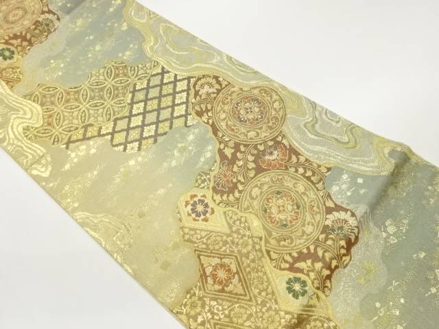 道長取りに華紋・花唐草・色紙散らし模様織出し袋帯【中古】【着】【袋帯】