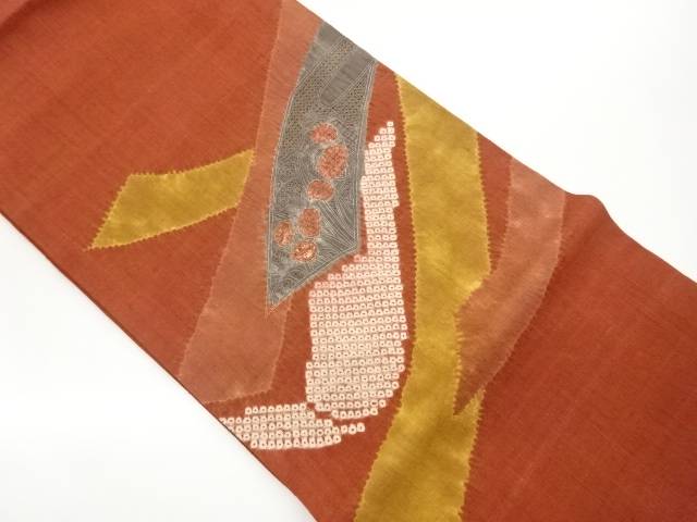 手織り紬絞り汕頭刺繍鬘帯に花鳥模様名古屋帯【中古】【着】【名古屋帯】