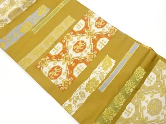 横段に松皮菱・馬・草花模様織出し名古屋帯【中古】【着】【名古屋帯】