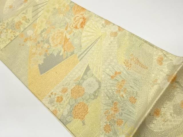 佐賀錦扇に孔雀・花々模様織出し袋帯【中古】【着】【袋帯】