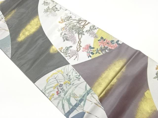 引箔花々に雲模様袋帯【中古】【着】【袋帯】