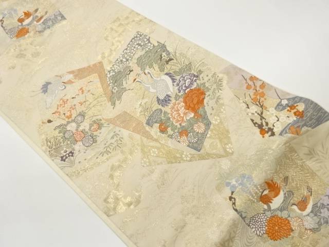 重ね色紙に鶴・松・花々模様織出し袋帯【中古】【着】【袋帯】
