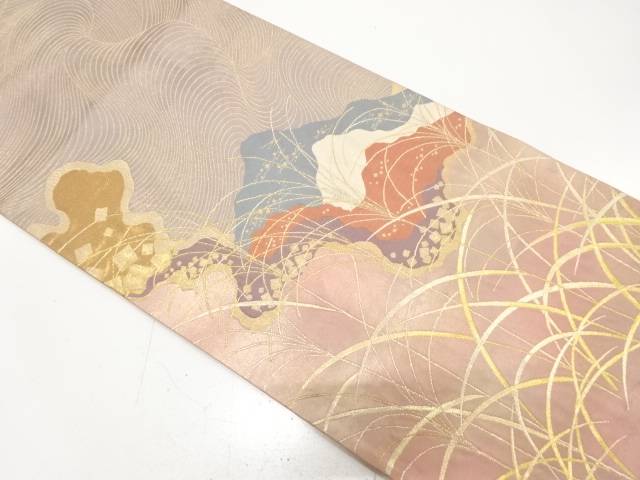 霞取りに芒模様織り出し　袋帯【中古】【着】【袋帯】