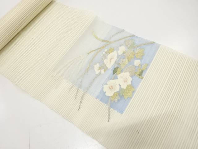 絽綴れ　芙蓉に芒模様織り出し　名古屋帯地反物【アンティーク】【中古】【着】【その他】
