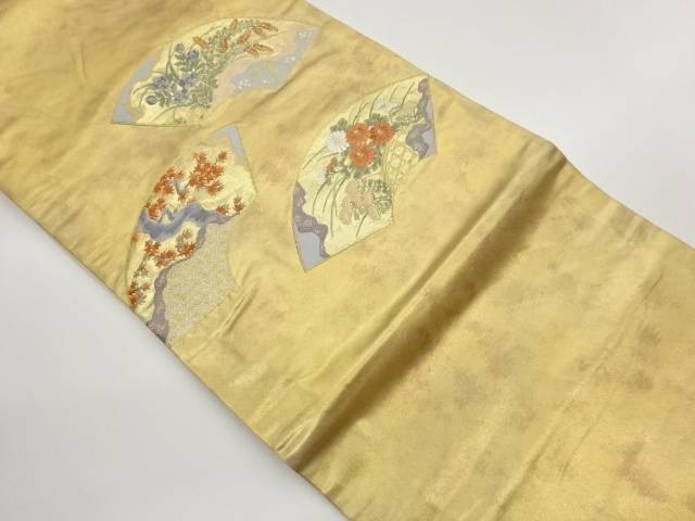 引箔地紙に草花・紅葉模様織出し名古屋帯【中古】【着】【名古屋帯】