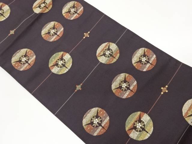 丸文に花葉・菱模様織出し名古屋帯【中古】【着】【名古屋帯】