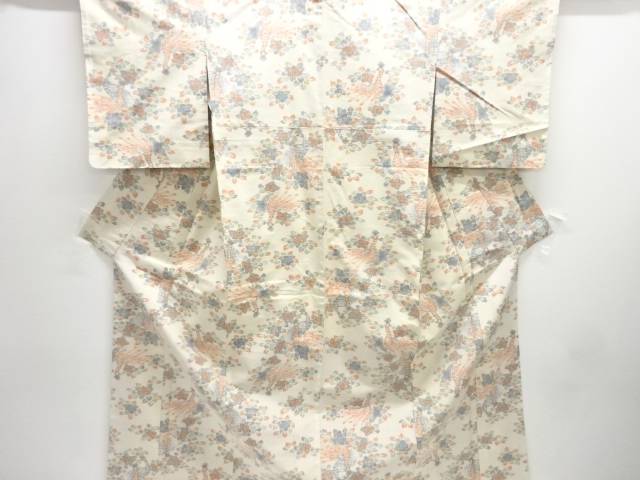未使用品　孔雀に花模様織り出し手織り紬着物【着】【紬・お召し】