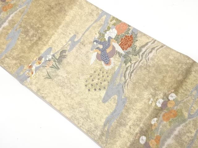 引箔　鴛鴦に孔雀・流水模様織り出し　袋帯【中古】【着】【袋帯】