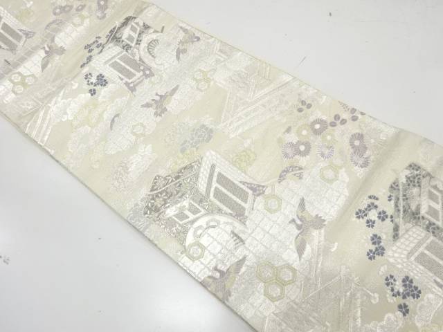 屋敷に御所車模様織り出し 袋帯【中古】【着】【袋帯】