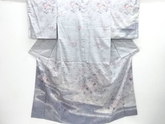 牡丹に藤・草花模様手織り真綿紬着物【アンティーク】【中古】【着】【紬】