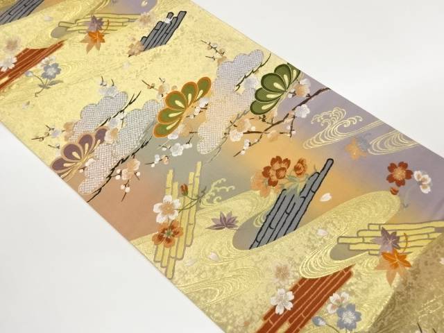 流水に花筏・松梅模様織出し袋帯【中古】【着】【袋帯】