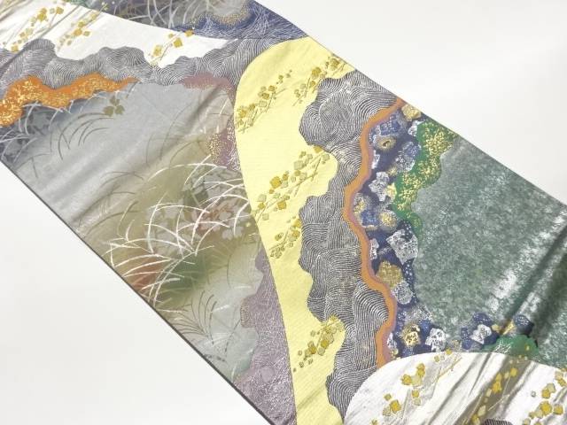 引箔道長取りに色紙散らし・波・草花模様織出し袋帯【中古】【着】【袋帯】
