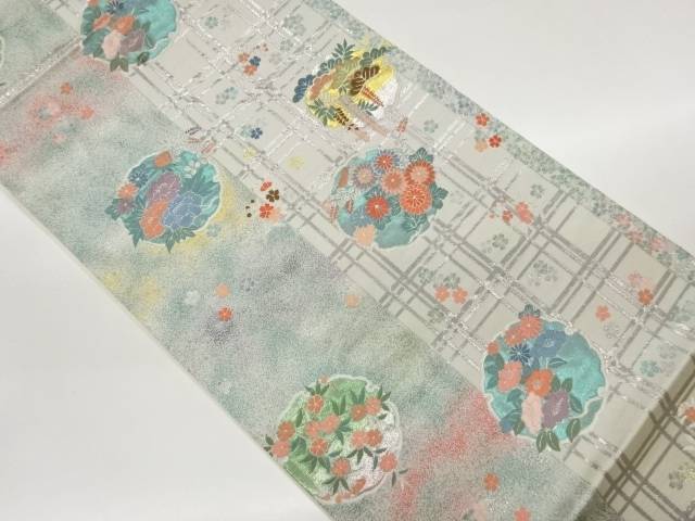 格子に雪輪・花々模様織出し袋帯【中古】【着】【袋帯】