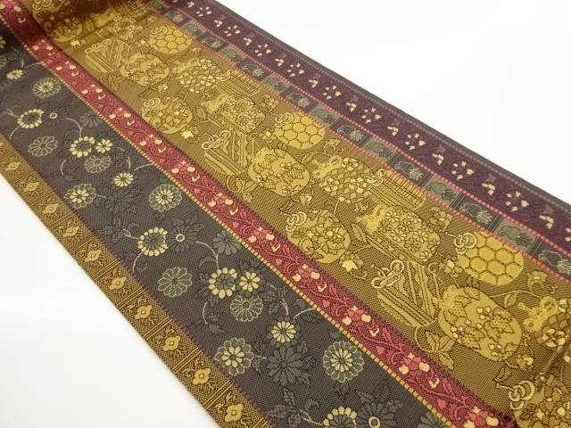 変わり縞に菊唐草・仕覆模様織出し名古屋帯【中古】【着】【名古屋帯】