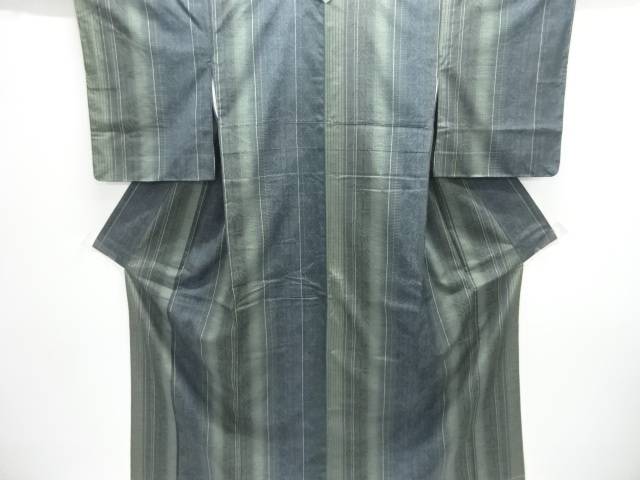 未使用品　縞に竹笹・麻の葉模様織り出し手織り紬着物【着】【紬・お召し】