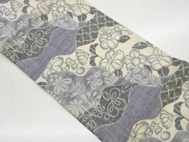 手織り紬抽象道長取に花葉模様織出し名古屋帯【中古】【着】【名古屋帯】