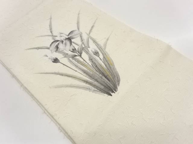 日吉祥作　ひげ紬金彩手描き菖蒲模様開き名古屋帯（額縁仕立て）【中古】【着】【名古屋帯】｜Kimono-Shinei　２号店