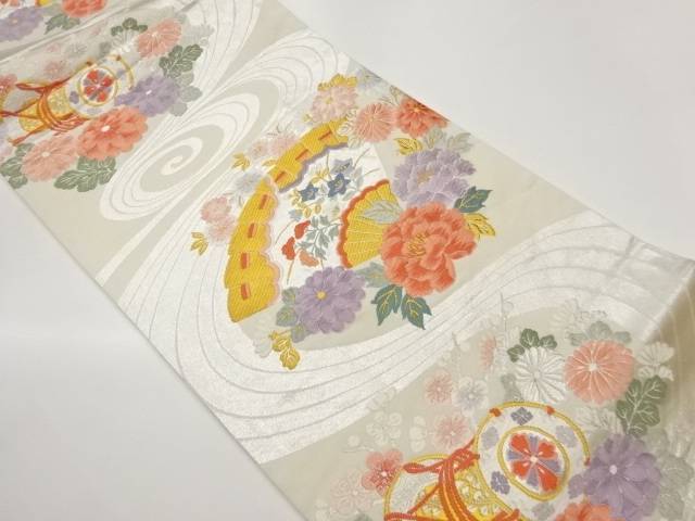 流水に檜扇・花葉・鼓模様織出し袋帯【中古】【着】【袋帯】