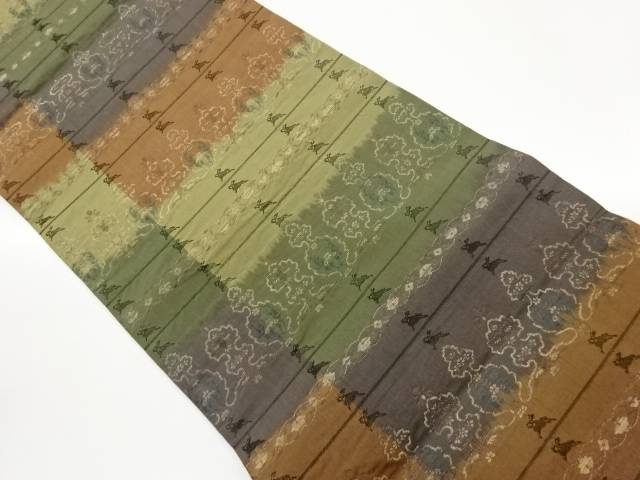 変わり横段に抽象草花・兎模様織出し全通袋帯【中古】【着】【袋帯】