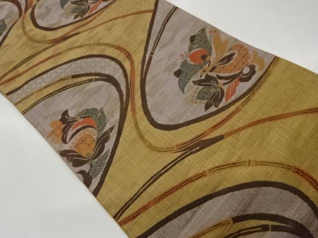 曲線に鳥・抽象花葉模様織出し名古屋帯【中古】【着】【名古屋帯】