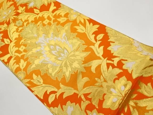 服部織物製　変わり花唐草模様織出し丸帯【中古】【着】【丸帯】