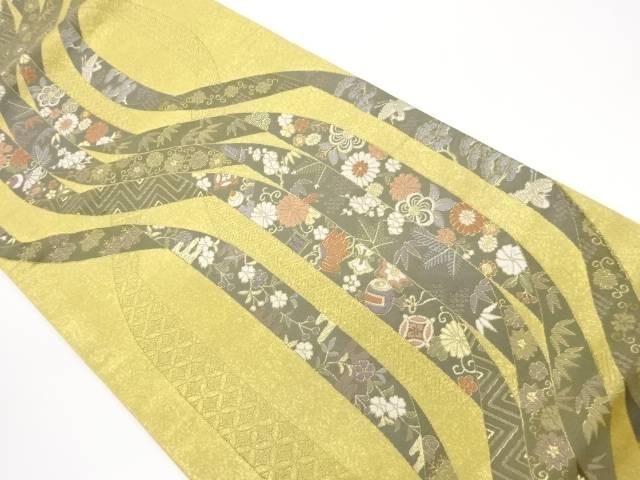 引箔曲線に草花・宝尽くし・鶴模様織出し袋帯【中古】【着】【袋帯】