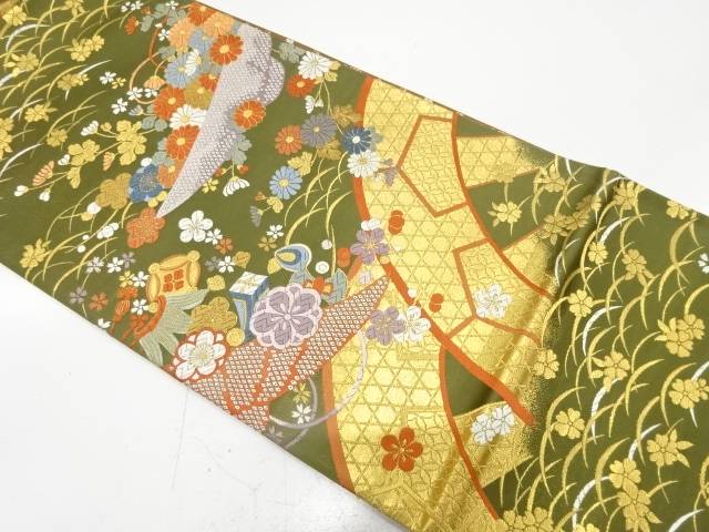 片輪車に宝尽くし・花笠模様織り出し　袋帯【中古】【着】【袋帯】