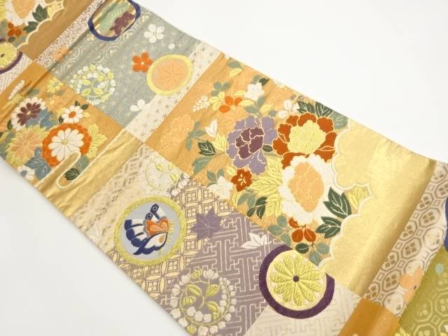 花々に蝶・古典柄模様織出し袋帯【中古】【着】【袋帯】