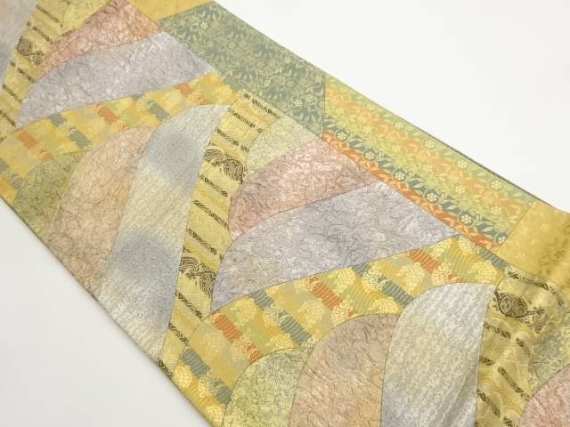 切り嵌め波に荒磯・笹蔓緞子・抽象模様織出し袋帯【中古】【着】【袋帯】