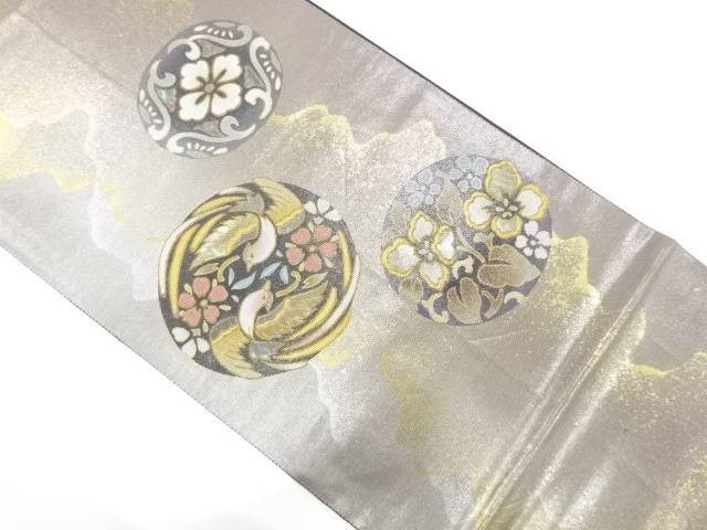 引箔螺鈿　丸紋に花鳥模様織り出し　袋帯【中古】【着】【袋帯】