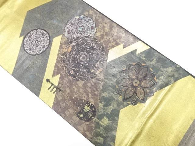 引箔螺鈿　華紋に琵琶模様織り出し　袋帯【中古】【着】【袋帯】