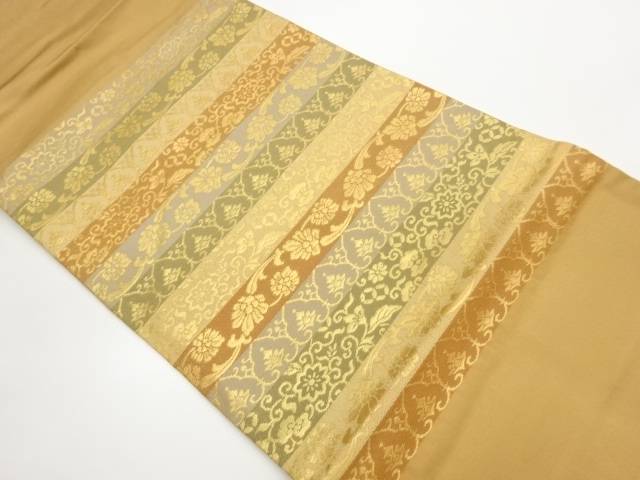 横縞に花唐草模様織出し名古屋帯【中古】【着】【名古屋帯】