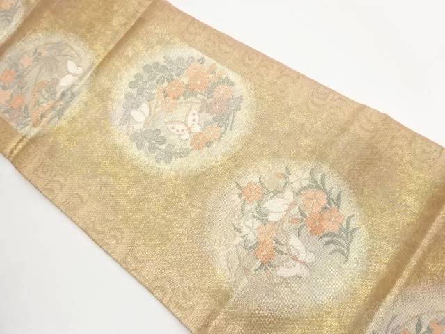 紗 丸文に蝶・草花模様織出し袋帯【中古】【着】【袋帯】