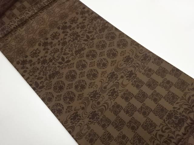 草花に流水・花唐草・横縞模様リバーシブル全通袋帯【中古】【着】【袋帯】