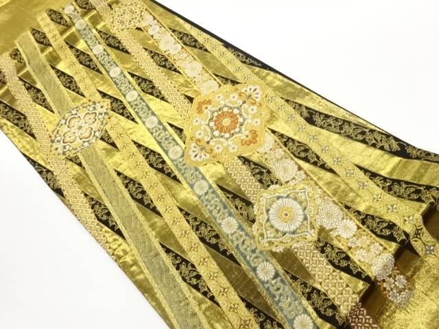 変わり縞に華紋・草花・七宝模様織出し袋帯【中古】【着】【袋帯】