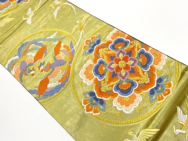 引箔鳳凰・華紋に丸文模様織出し袋帯【中古】【着】【袋帯】