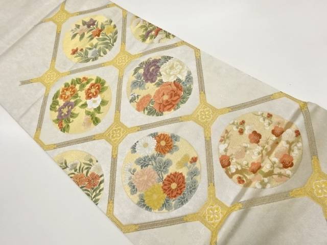 引箔格天井に花々・丸文模様織出し袋帯【中古】【着】【袋帯】 14,980円