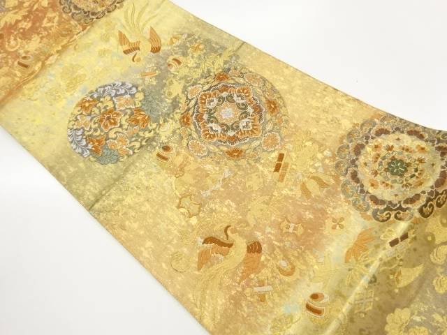 引箔華文に花鳥・宝尽くし模様織出し袋帯【中古】【着】【袋帯】