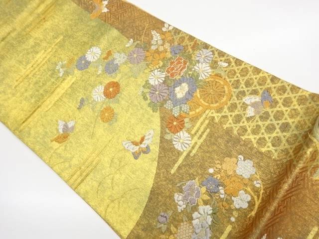 引箔蝶に花々模様織出し袋帯【中古】【着】【袋帯】