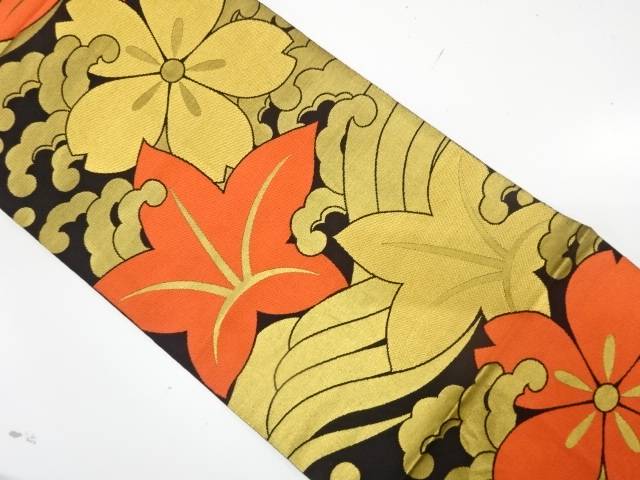 荒波に楓・桜模様織り出し　袋帯【中古】【着】【袋帯】