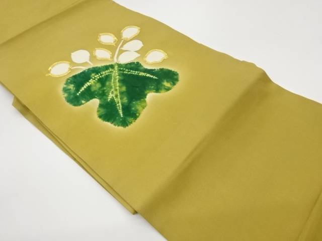 塩瀬金駒刺繍絞り抽象葉模様名古屋帯【中古】【着】【名古屋帯】