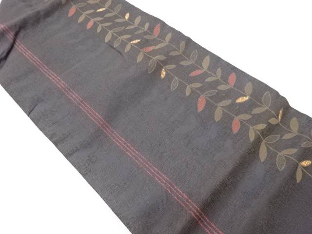 縞に草葉模様織出し名古屋帯【中古】【着】【名古屋帯】