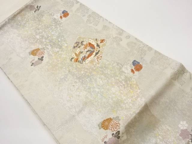 引箔色紙に蝶・花葉模様織出し名古屋帯【中古】【着】【名古屋帯】
