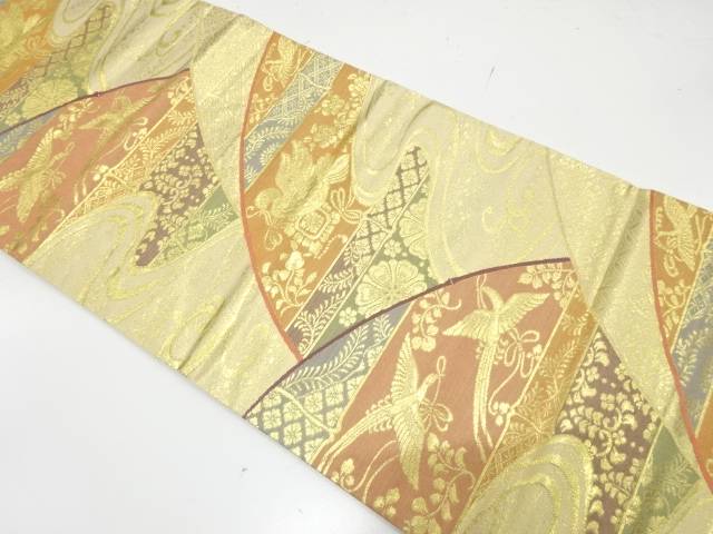 流水に花鳥模様織り出し　袋帯【中古】【着】【袋帯】