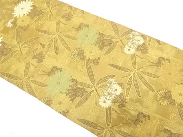 菊に笹模様織り出し丸帯（材料）【アンティーク】【中古】【着】【丸帯】