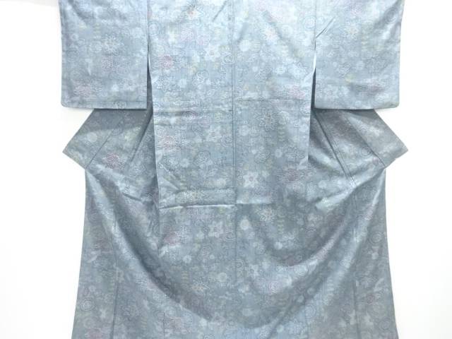 草花模様織出し手織り紬着物【中古】【着】【紬・お召し】