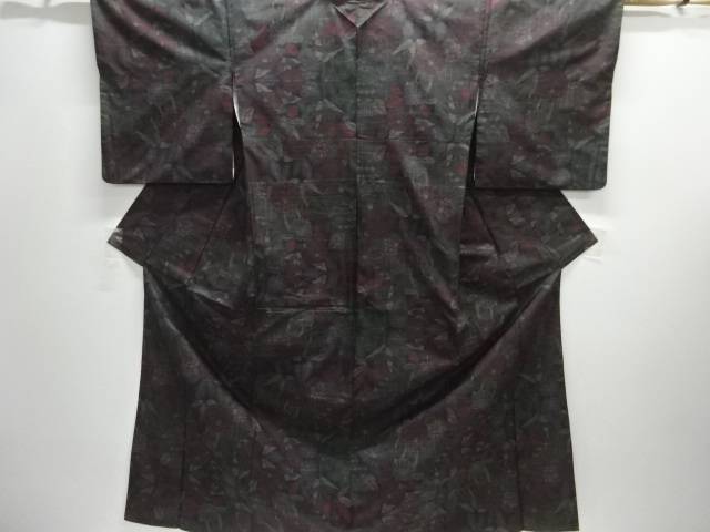 花模様織出し本場泥大島紬着物（5マルキ）【中古】【着】【紬・お召し】