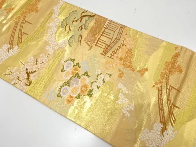 清水寺に草花模様織り出し　袋帯【中古】【着】【袋帯】