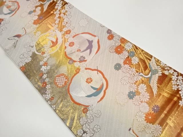 変わり丸文に鶴・菊・桜模様織出し袋帯【中古】【着】【袋帯】｜Kimono-Shinei　２号店
