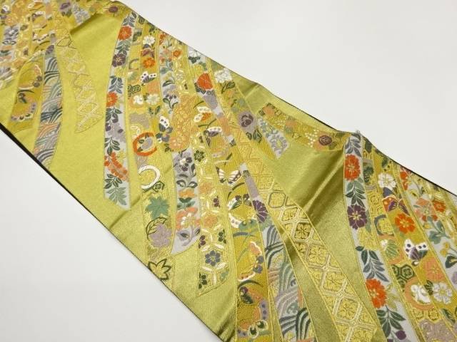 鬘帯に古典柄・花鳥・草葉模様織出し袋帯【中古】【着】【袋帯】